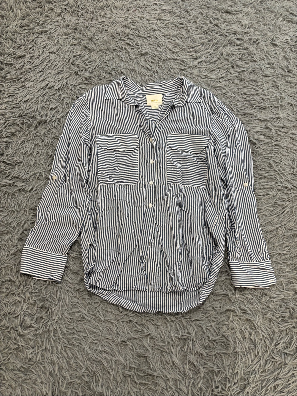 Maeve Women's Blue Striped Long Sleeve Collared Button Up Shirt Medium Coastal